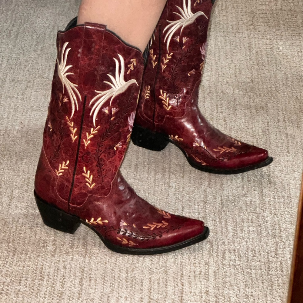 J.B. Dillon Red Heeled Boots with Intricate Embroidery